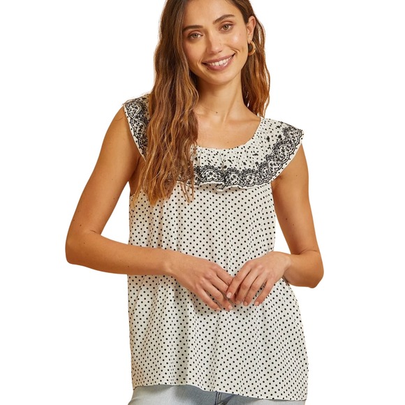 NWT Savannah Jane Polka Dot Top 2X Black White Ruffle Sleeveless Boho Embroidery - Picture 1 of 11